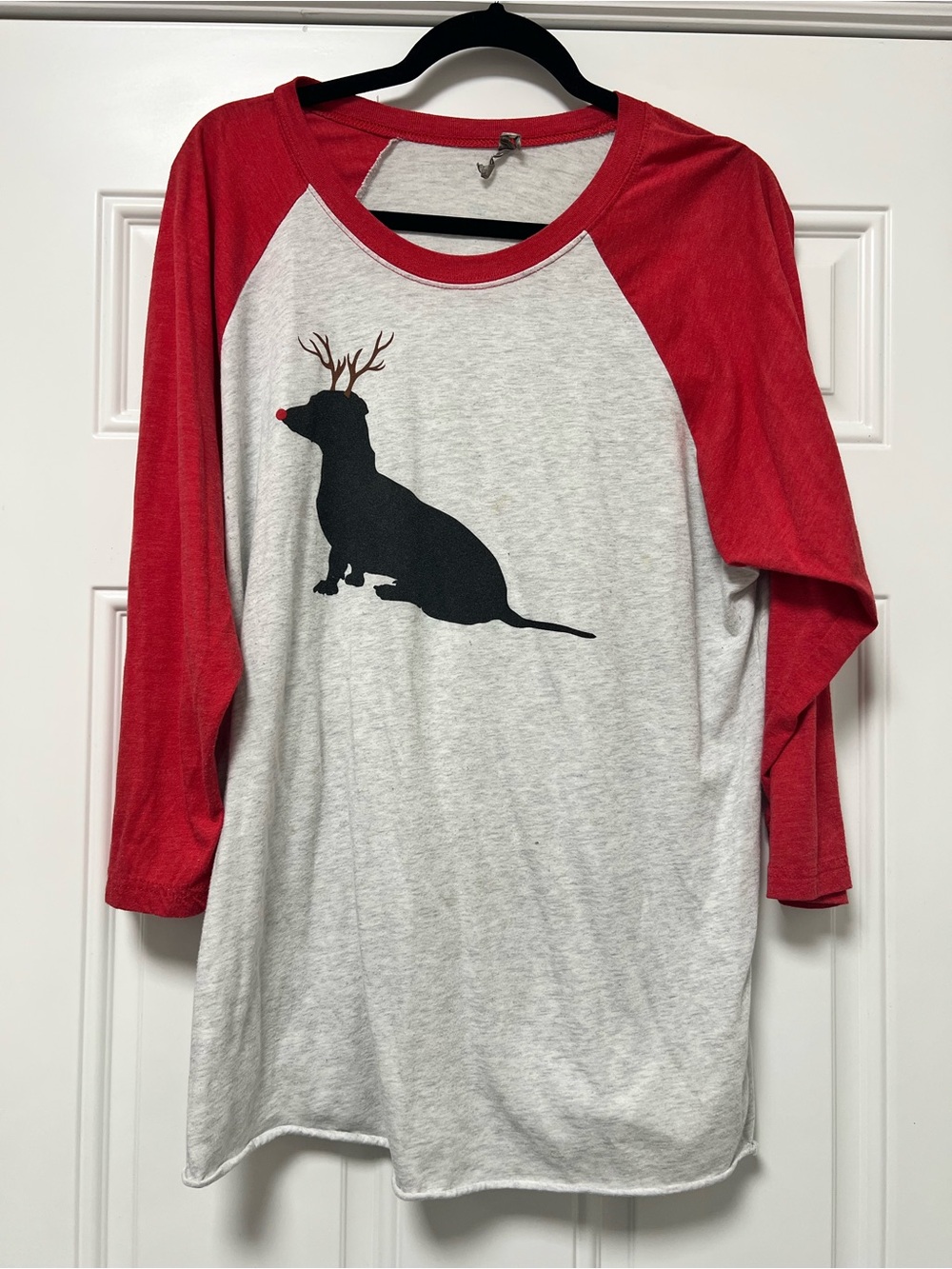 Red Sleeve Grey Raglan Top with Reindeer Dog Graphic